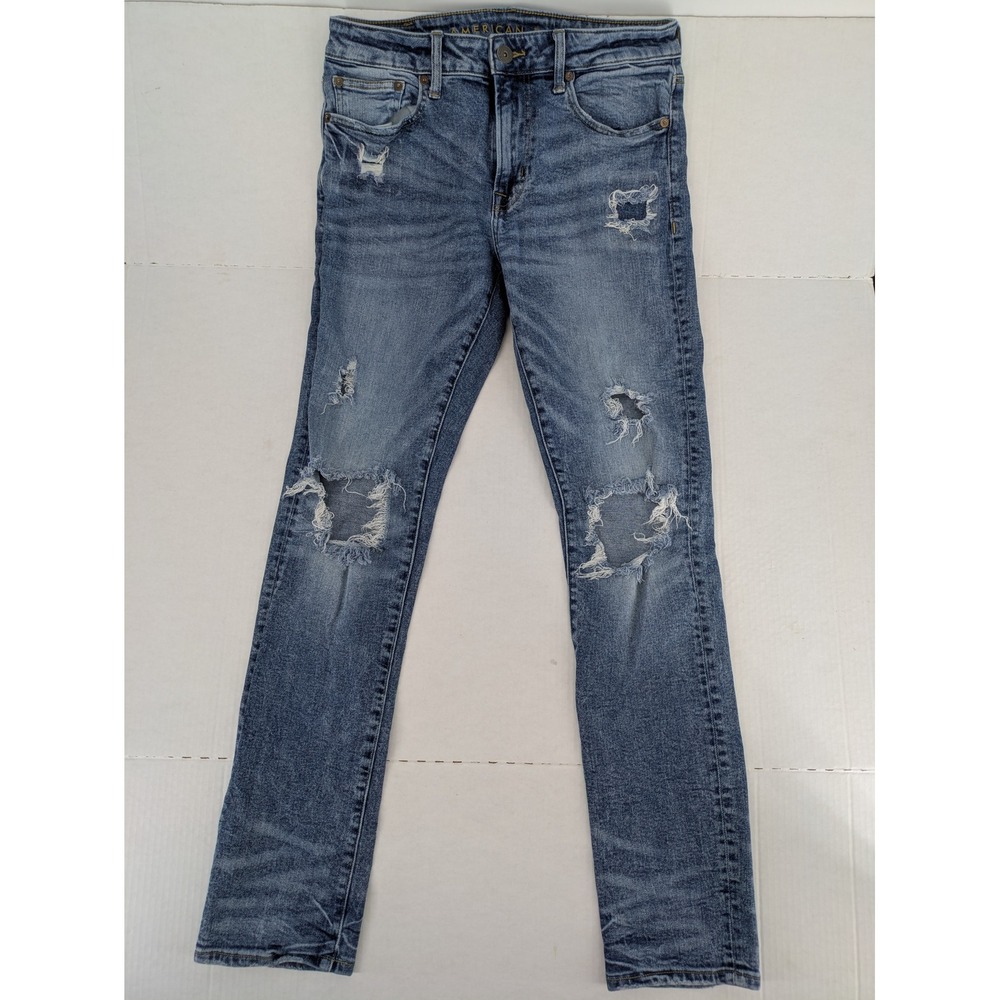 American Eagle Slim Flex Jeans Mens 32x32 Blue Distressed Ripped Grunge Skater